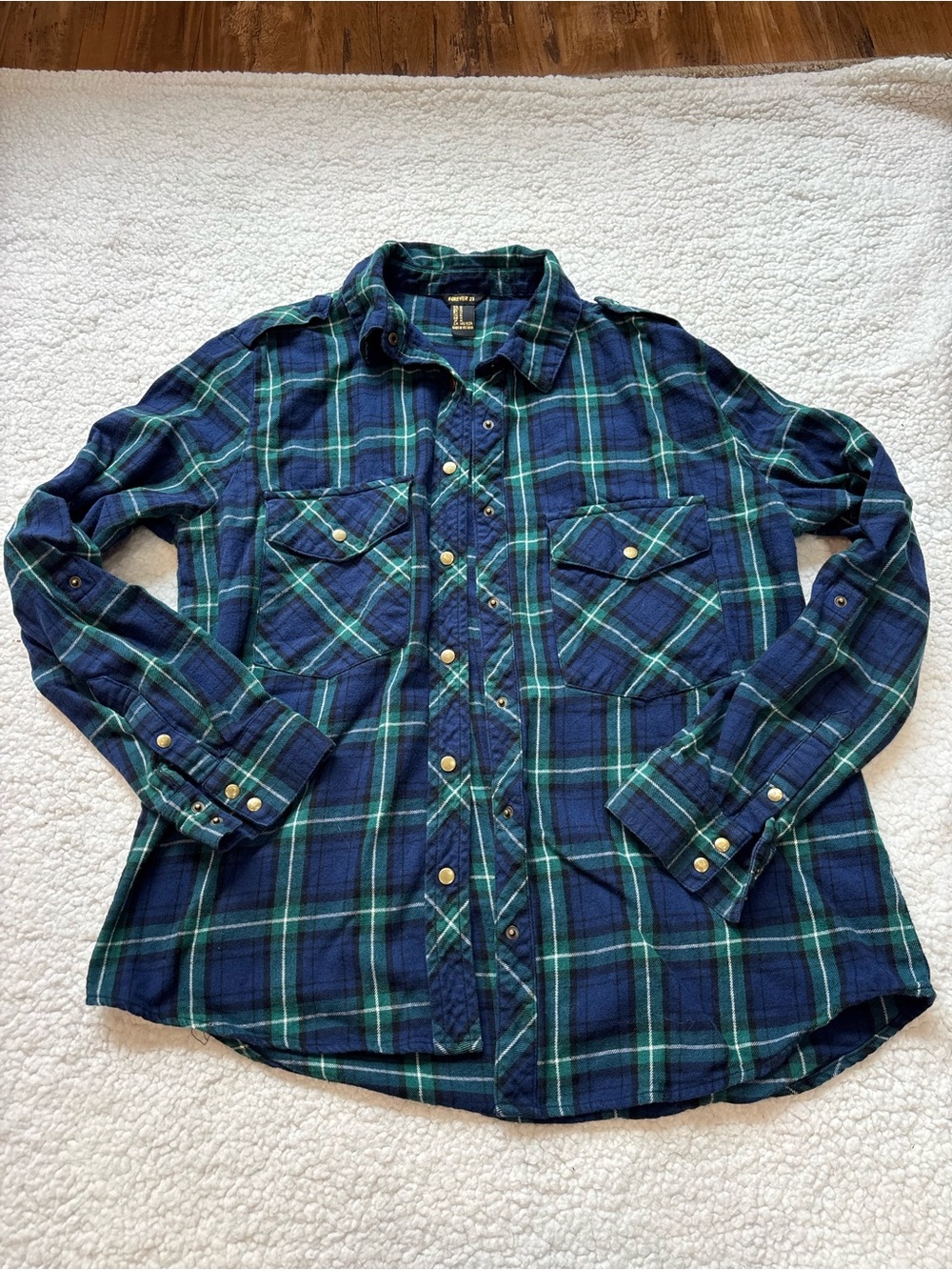 Medium Forever 21 Blue & Green Plaid Button-Down Flannel Shirt
